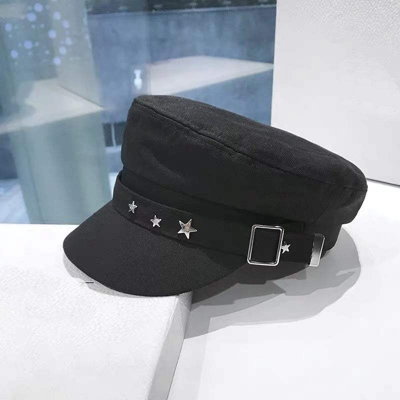 Chapéu Feminino Fashion com Fivela de Metal, Boné Octogonal de Algodão, Boina de Estrela Elegante para Inverno, Boina Estilo Cinto, Chapéu Plano Streetwear