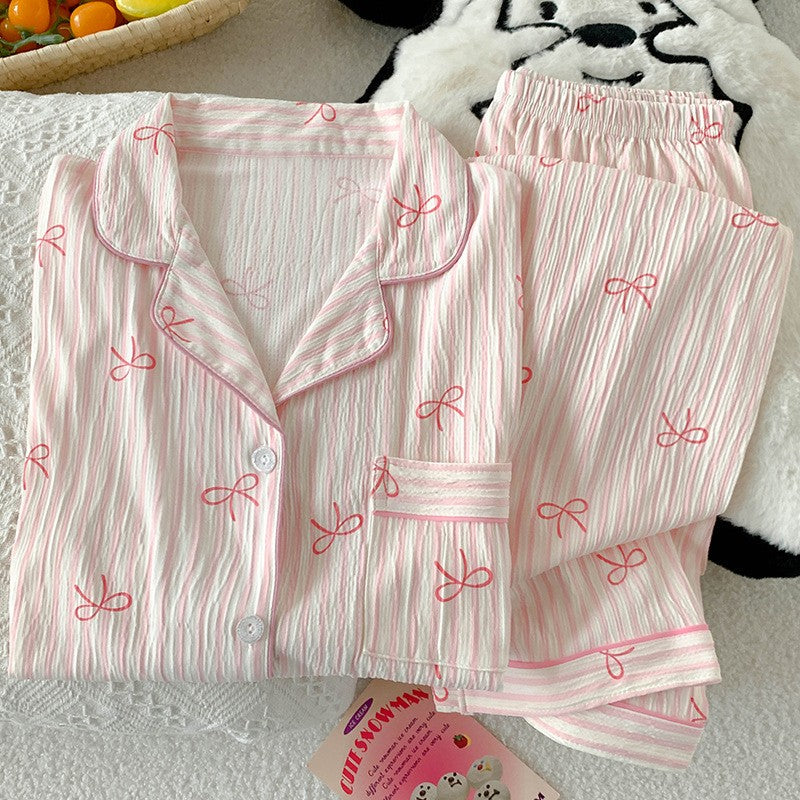 Spring and Autumn Sweet Bow Korean Style Ins Wrinkled Fabric Long Sleeve Cardigan Nightgown Women's High-Quality Homewear Set