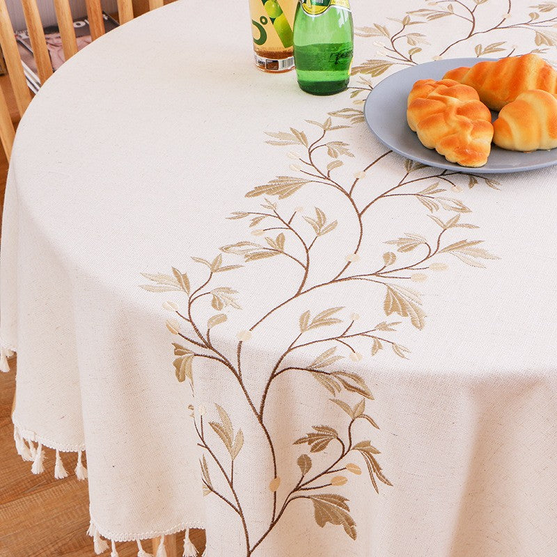Embroidery Round Tablecloth, Cotton Linen Flower Dust Proof Table Cover, for Kitchen Dining Room,Party,Birthday Tabletop Decor