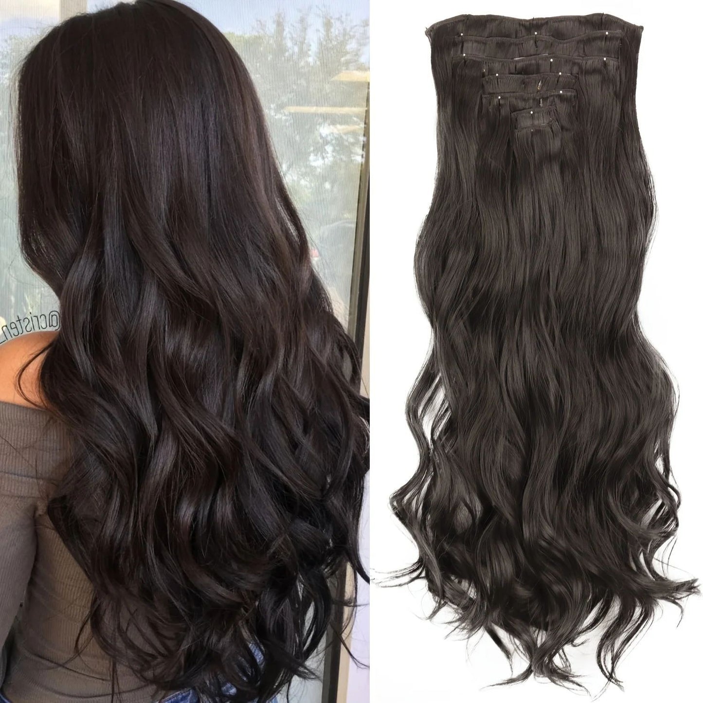 7 peças/conjunto de aplique de cabelo com 16 grampos, preto, longo e liso, cabelo natural, aplique de cabelo ombre, fibra resistente ao calor para penteado feminino