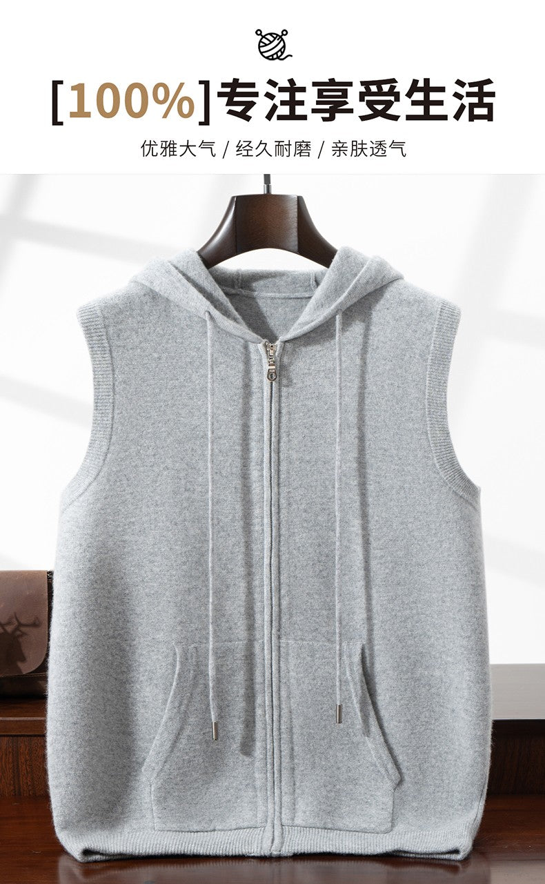 Autumn Winter Thickened Warm 100% Pure Wool Vest Men's Vest with Hood Zipper Cardigan Casual Pocket Sweater Jacket