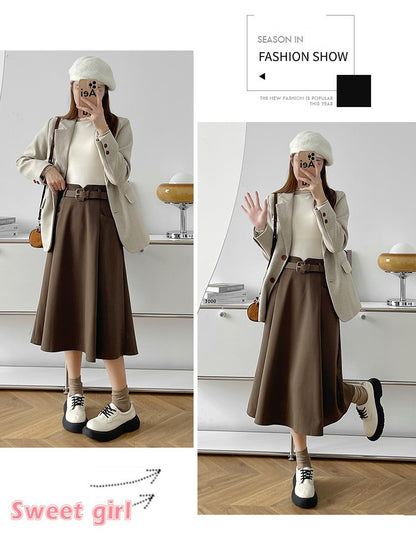 Plus Size Woolen Skirt Women 2024 Autumn Winter New Arrivals High Waist A Line Skirt With Belt Korean Fashon Skirts Womens