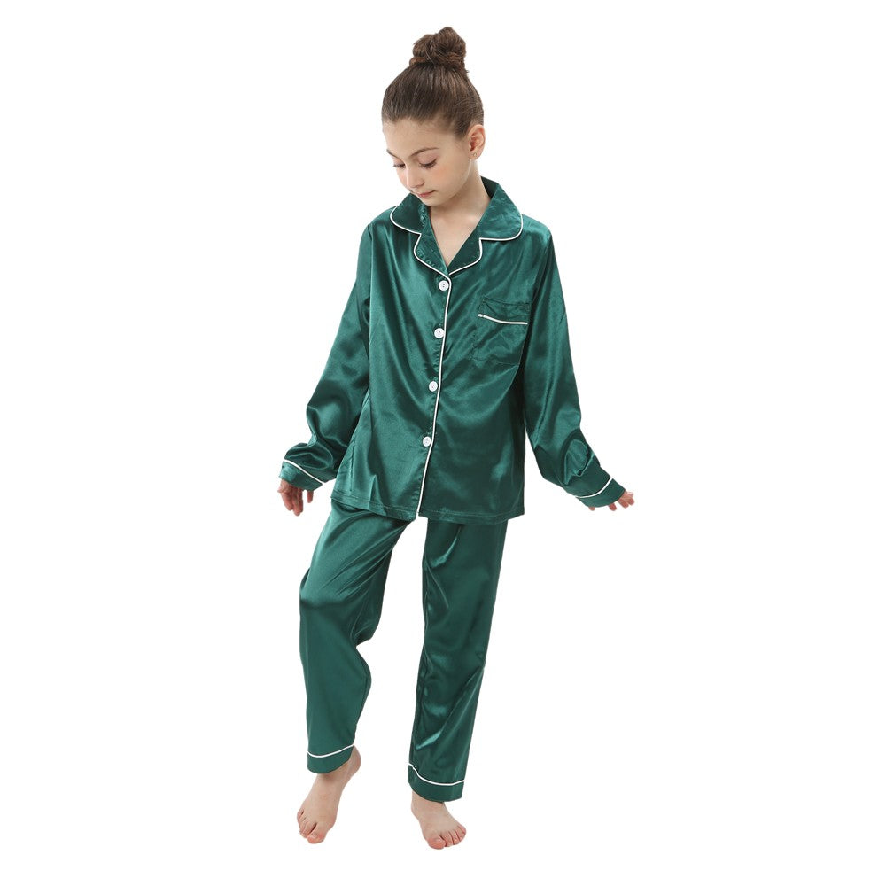 2 to 14 Years Boys Girls Pajamas Sets Kids Silk Satin Top Pant Long/Short Sleeve Solid Pyjamas Suits Nightgown Child Sleepwear