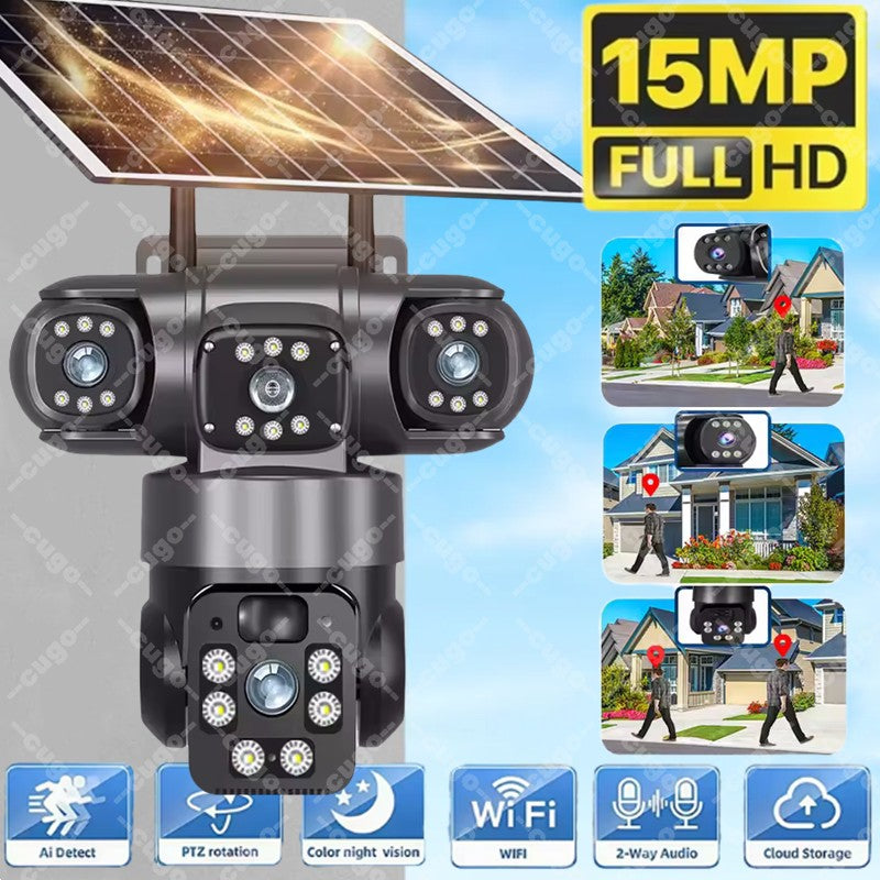 WiFi Solar Camera Three Lenses Outdoor 15MP 8K HD Low Power Battery IP Camera PIR Night Vision V380 Pro CCTV Security Protection
