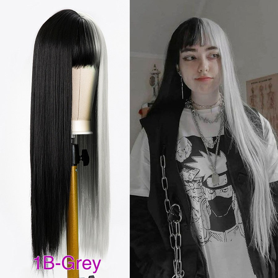Green And Black Lolita Cosplay Wig Straight Wigs With Bangs Synthetic Heat Resistant Two Tone Wigs Black & Pink Split Color Wig