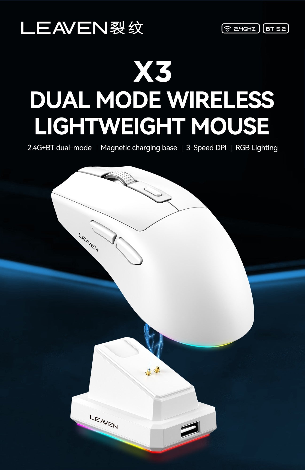 LEAVEN X3 2.4G Bluetooth Modo Duplo Receptor Mouse Óptico Sem Fio Mouse Gamer 1600DPI Mouse Compatível com Bluetooth para MacBook L