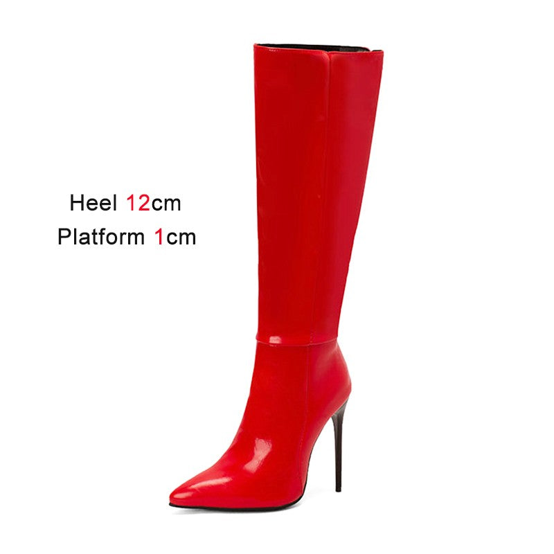 2023 Winter New Fashion Long Boots Comfortable Plush Women Warm High Heels 12CM Side Zipper Pointed Models Shoes Mujer Plus Size