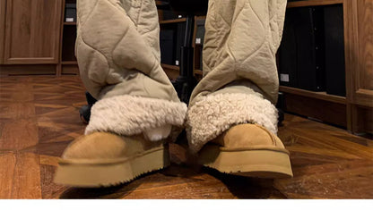 Heavy Winter Cotton Waterproof Splicing Lamb Fleece Cotton Pants for Men and Women, Solid Color Diamond Grid Embroidered Clip Co