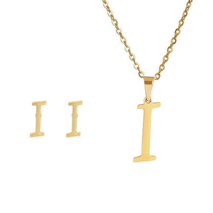 Conjunto Feminino de Colar e Brincos de Aço Inoxidável com Letra Inicial do Alfabeto A-Z - Joias Personalizadas de 26 Letras Inglesas - Presente
