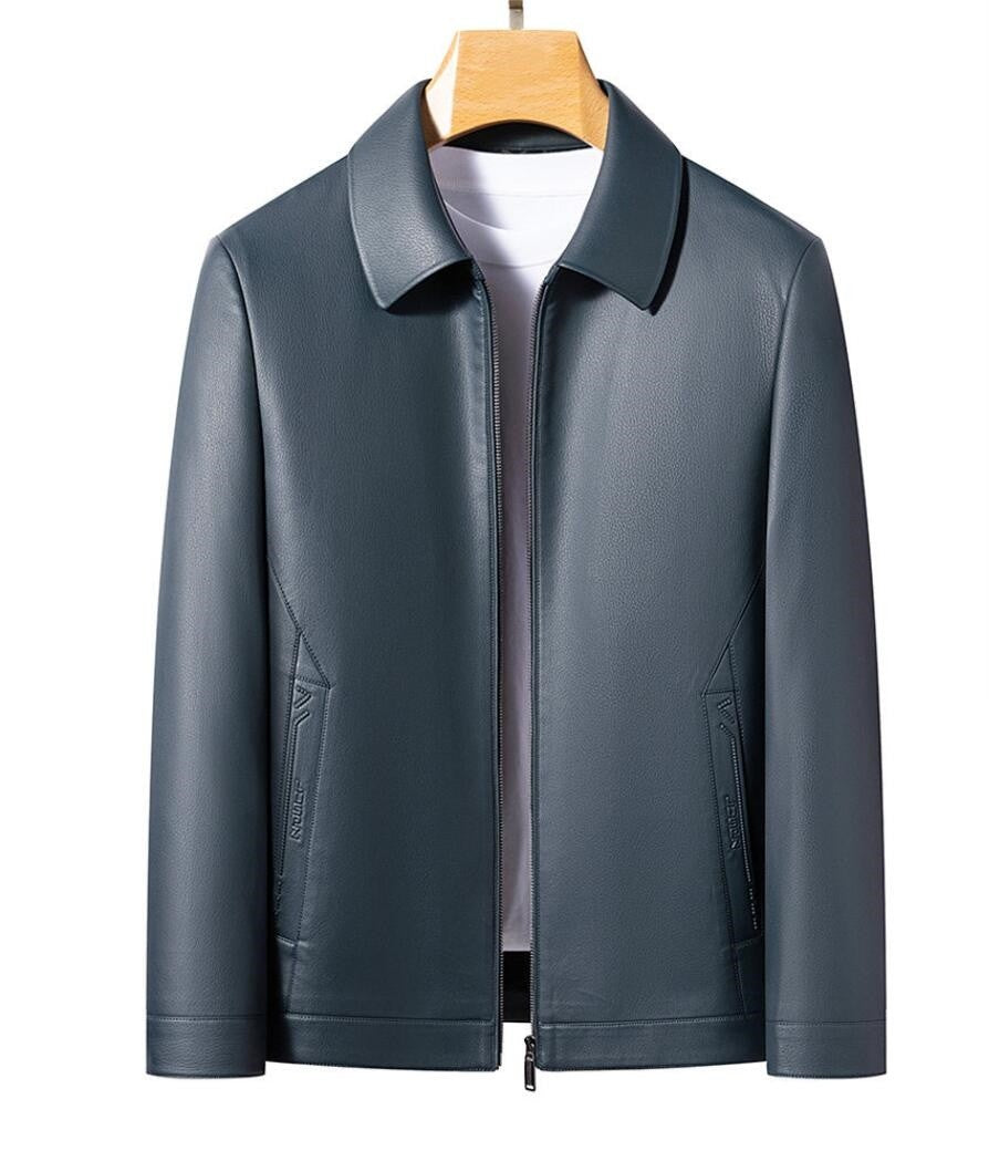 2025 Fall And Winter Models Men's Jacket Lapel Business Casual PU Leather Jacket Thin Thick Black Lake Blue