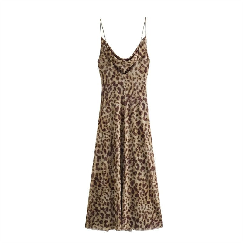 MUJER Leopard Print Tulle Slip Dress Woman Backless Summer Long Dresses For Wome