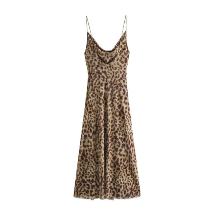 MUJER Leopard Print Tulle Slip Dress Woman Backless Summer Long Dresses For Wome