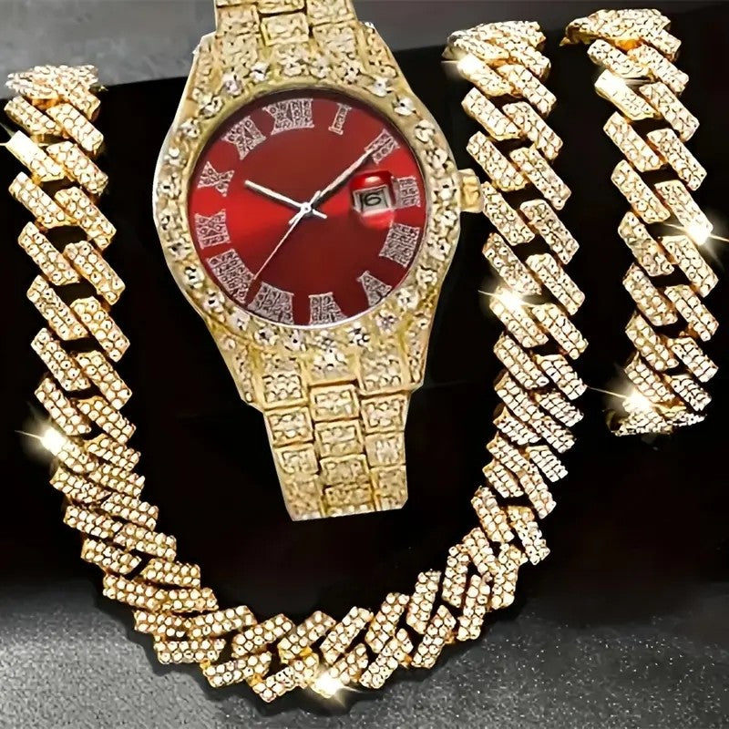 4pcs/set Mens Bling Wrist Watch & Hip Hop Cuban Chain Necklace Set - Rhinestone Accented, Round Dial, Electronic Quartz Movement