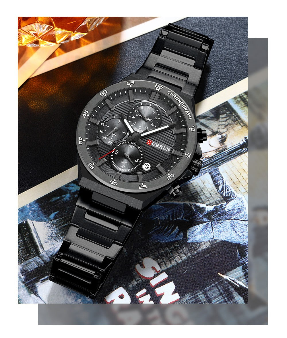 CURREN Classic 43mm Men's Watch Chronogrph Quartz Wristwatch with Stainless Steel Band Luminous Hands Auto Date