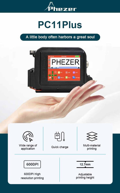 Phezer 30 Languages 12.7/25.4mm PC11Plus Mini Printer Portable Printer QR Bar Code Date Logo Expiry Date Handheld Inkjet Printer