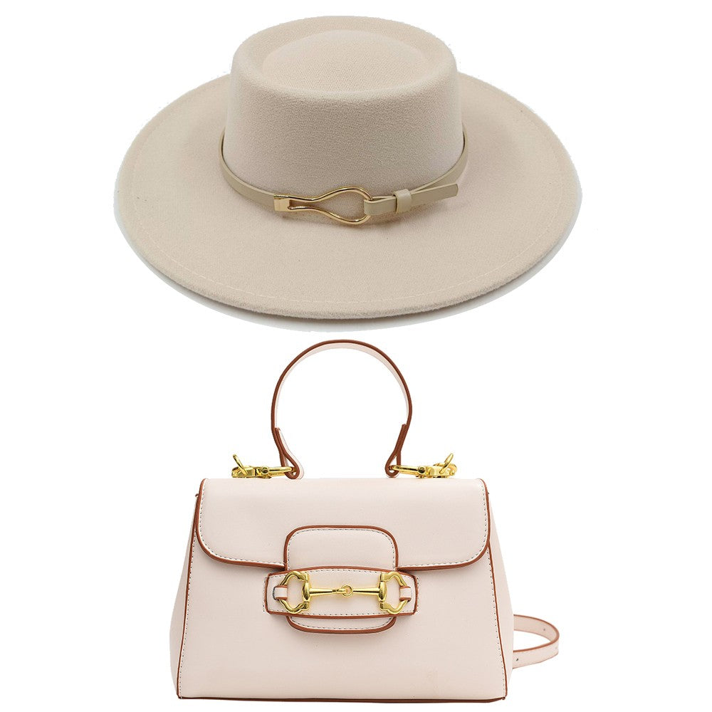 Acessórios femininos de fivela de couro metal com chapéu de feltro de pele com top côncavo e convexo, chapéu fedora e conjunto de bolsa combinando, estilo retrô