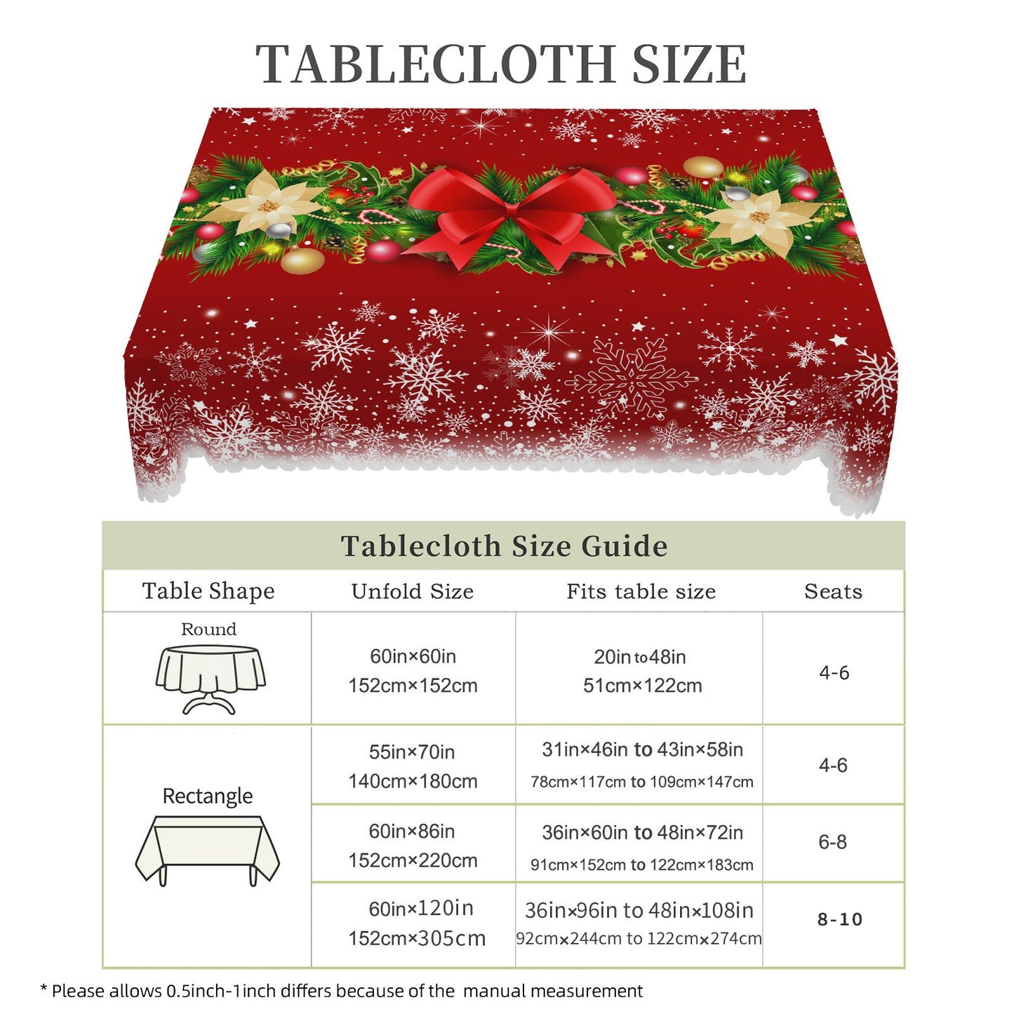 1 Piece Christmas Round and Rectangular Tablecloth, Various Sizes, Christmas Gift Box Bow Snowflake Print Pattern Design Tablecloth for Daily Home Kitchen, Terrace Use, Gifts