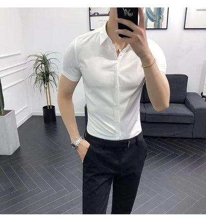 Korean Fashion Trend Casual Elastic Design Sense Short Sleeve Shirt Men's Solid Lapel Collar Button Breathable Simple Slim Tops