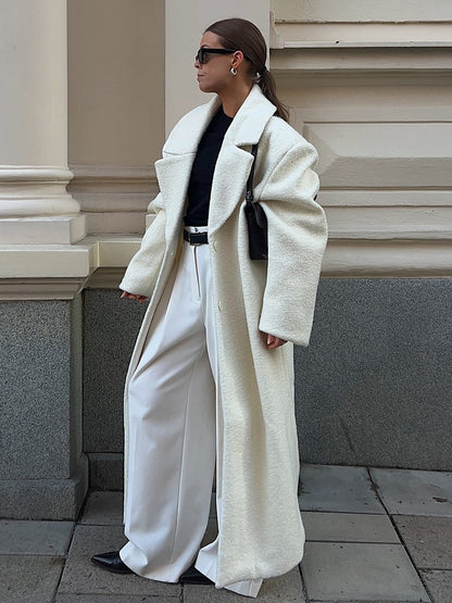 Elegant White Lapel Woolen Long Coat Women Fashion Full Sleeve Single-breasted Warm Loose Coats Lady Winter Commute Street Wear