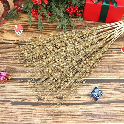 43cm Christmas Decor Foam Artificial Flowers Golden Glitter Berries Bouquet New Year Wreath Home Room Table Wedding Decoration