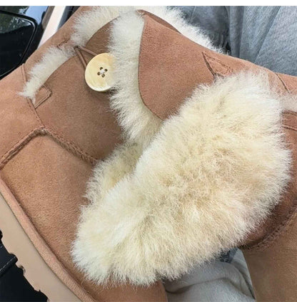 A pair of pure sheepskin and wool winter snow boots for women, warm and comfortable. Simple and fashionable women's shoes