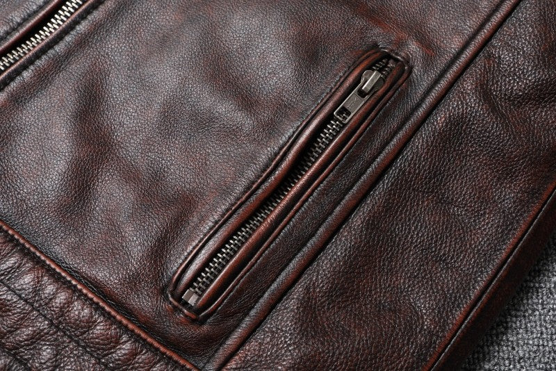 Fashionable Men's Motor Jacket Genuine Cow Leather Coat Male Outerwear Windbreaker Spring Autumn Cloth with Epaulet Brown