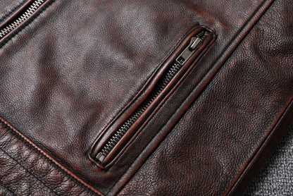 Fashionable Men's Motor Jacket Genuine Cow Leather Coat Male Outerwear Windbreaker Spring Autumn Cloth with Epaulet Brown