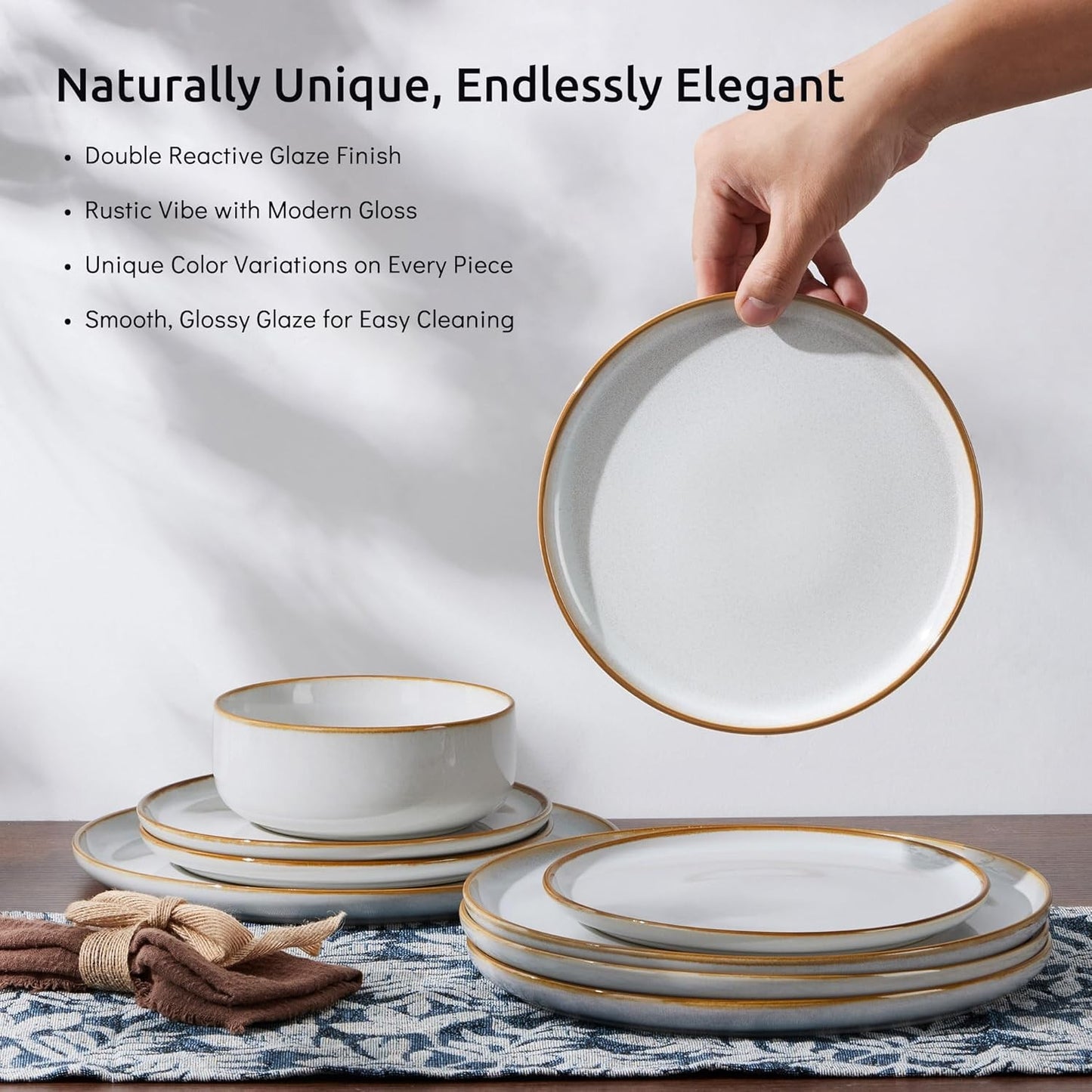 Conjunto de Pratos e Bowls para 4, Aparelho de Jantar em Grés de 12 Peças, Conjunto de Louças de Cerâmica com Esmalte Reativo, Micro-ondas e Lava-louças