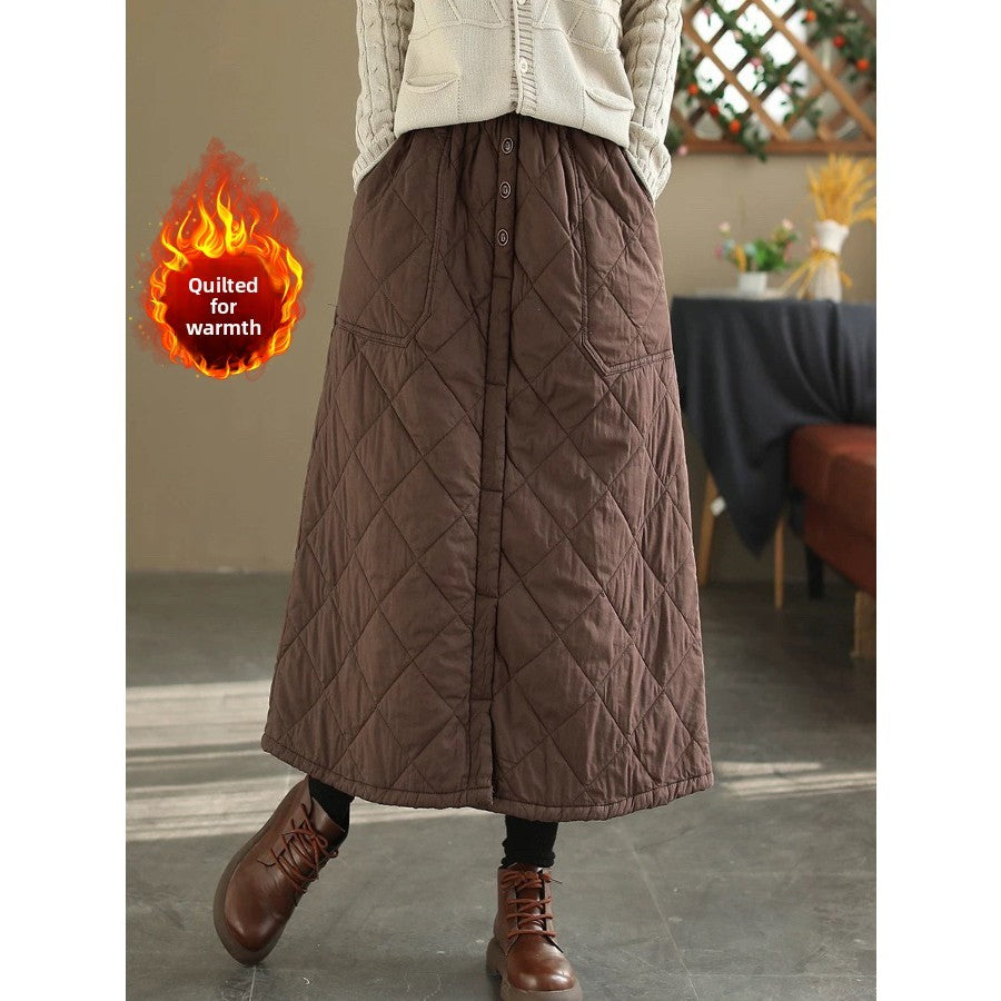 Retro Warm Cotton Quilted Long Midi Skirt High Waist A-Line Skirt for Middle-Aged And ly Women Diamond Patterned f Skirt