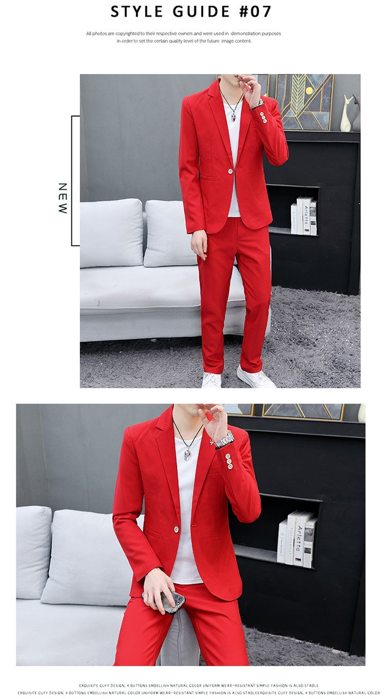 Men's Slim Fit Two-Piece Set Korean Style Spring Autumn Casual Trend British Hair Stylist Fashion Suit plus Trousers