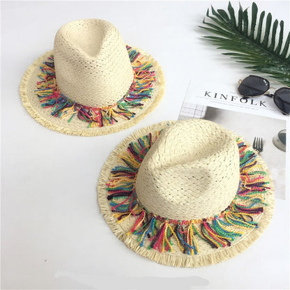 2024 Chapéu de Palha Decorado com Fita de Borla Colorida, Chapéu de Sol com Proteção, Chapéu de Praia Feminino Moderno, Boné Jazz de Verão para Mulher