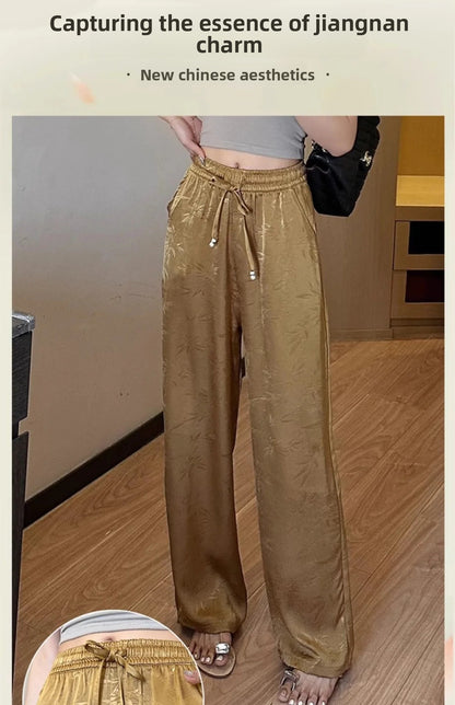 Plus Size Acetate Wide Leg Pants Women's Spring Autumn National Style Print High Waist Slimming Drapey Cool Large Size Women'...