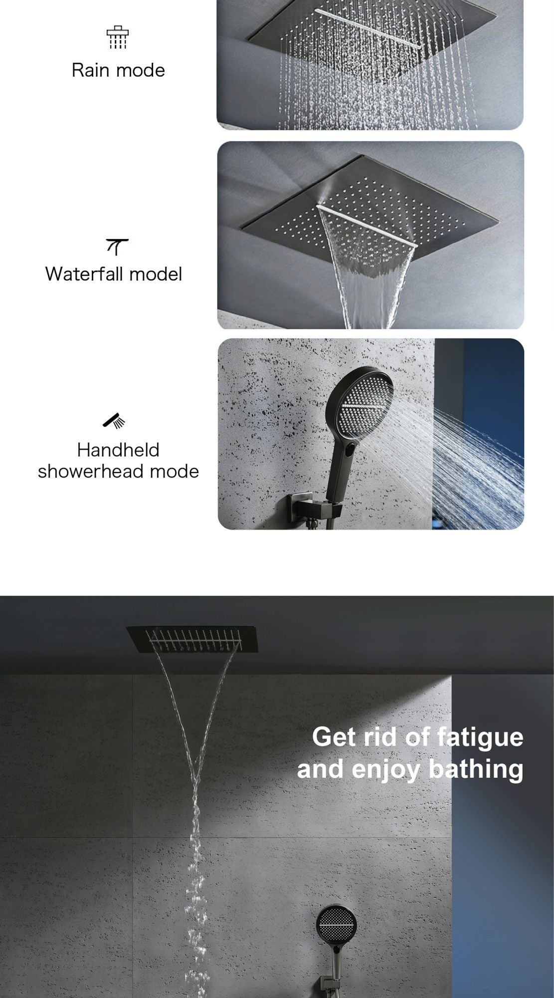Sistema de chuveiro de latão Gunmetal luxuoso para banheiro com display de temperatura LED embutido no teto, 2 funções (chuva/cascata)