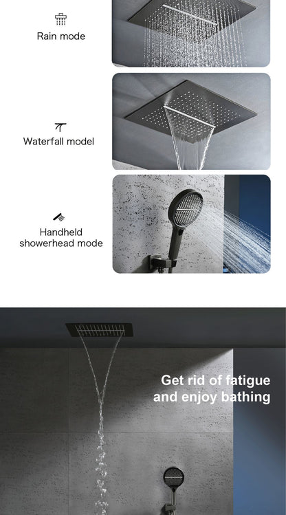 Sistema de chuveiro de latão Gunmetal luxuoso para banheiro com display de temperatura LED embutido no teto, 2 funções (chuva/cascata)