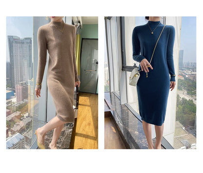 Autumn And Winter 100% Pure Wool Ladies Long Sweater Skirt Semi-High Collar Cashmere Dress Large Knit Bottoming Skirt