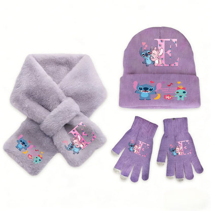 Conjunto Disney Anime Stitch 3 Peças Gorro Luva Cachecol Infantil Menina Quente Macio Tricô Inverno Acessórios Casuais Moda Presente de Aniversário Perfeito
