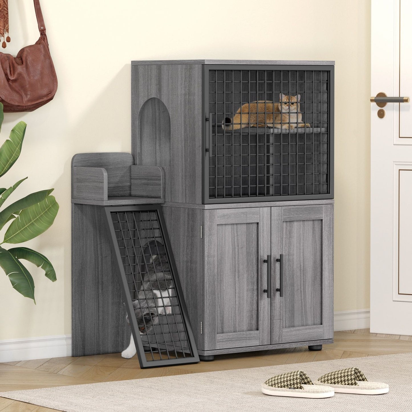 Caixa de Areia para Gatos Oculta com Plataforma, Móvel para Gatos de Camada Dupla, Móvel para Banheiro de Gatos, Casinha de Gatos com Escada
