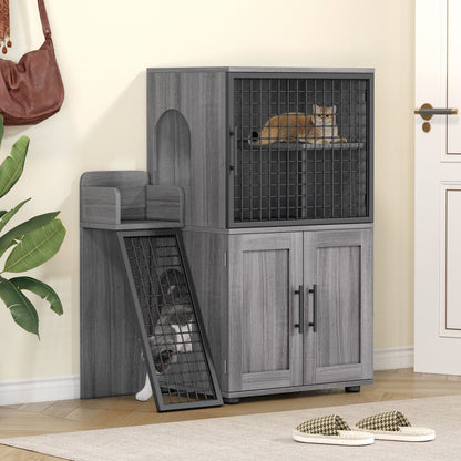 Caixa de Areia para Gatos Oculta com Plataforma, Móvel para Gatos de Camada Dupla, Móvel para Banheiro de Gatos, Casinha de Gatos com Escada