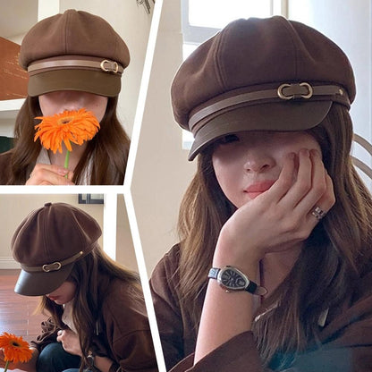 Retro British Style Beret for Women, Versatile Octagonal Newsboy Cap for Big Head Circumference Spring Autumn Hat