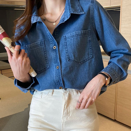 Lucyever Blue Denim Shirt Women 2023 Autumn New Single-Breasted Jeans Blouses Female Pockets Loose Fashion Lapel Cowboy Blusas