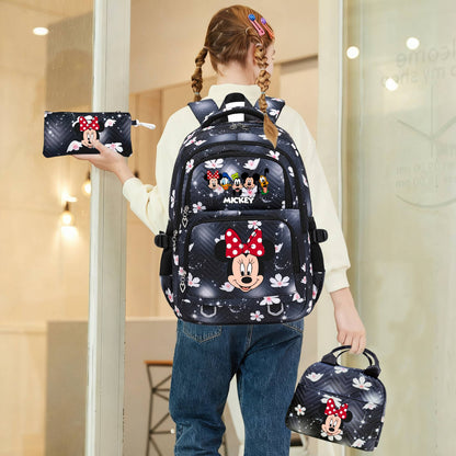 Mochila Mickey Minnie 3 Peças para Meninas e Meninos com Lancheira e Estojo, Mochila Escolar Fofa para Ensino Fundamental e Médio, Presente de Natal