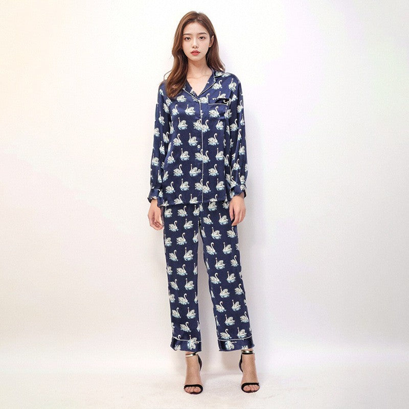 Printed Pure Silk Long Sleeve Pajamas Button Down 100% Mulberry Silk Pijamas Suit Women's Homewear Sleepwear 2 Piece Pajama Set