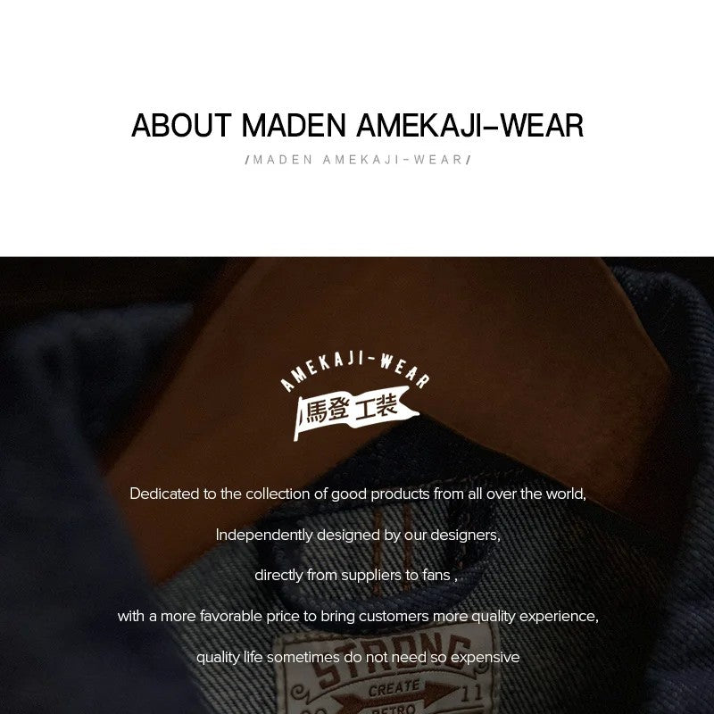 Maden Vintage 12.8oz Heavyweight Denim Jacket Embroidered Badge Washed Lapel Casual Outerwear for Men Spring and Fall Chore Coat