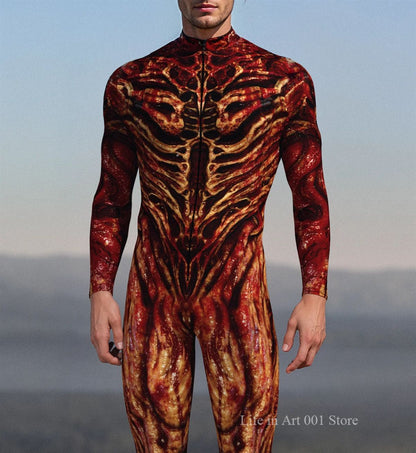 Scary Halloween Blood Zombie Bodysuit Costume Men 3D Digital Skeleton Printed Tights Jumpsuit Holiday Stage Party Performance