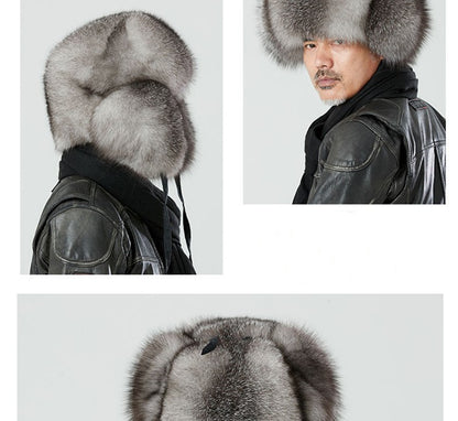 Real Fur 100% Fox Skin Russian Businessmen Pilot Bombers Full Mao Men's hat Ushanka Winter Ear Guard Hat Raccoon Fur Beanie hat