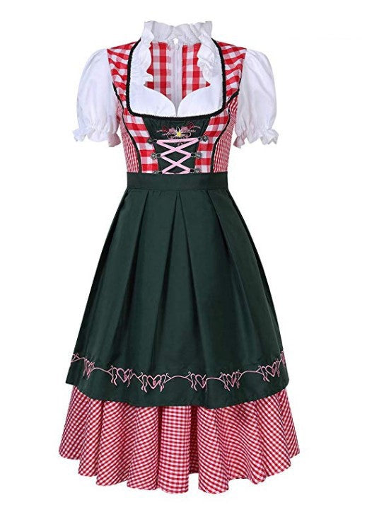 Traditional Bavarian Oktoberfest Costumes Plaid Dirndl Dresses Women Apron Dress German Beer Wench Maid Cosplay Party Dress