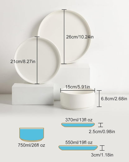 Porcelain Dinnerware Sets for 4, 12 Pieces Ceramic Plates and Bowls Set, Classic Modern Simple Kitchen Dinner Dining Ware Set, D