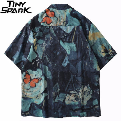 2025 Men Harajuku Hawaiian Shirt Hip Hop Streetwear Butterfly Painting Print Beach Shirt Summer Short Sleeve Aloha Shirt Casual