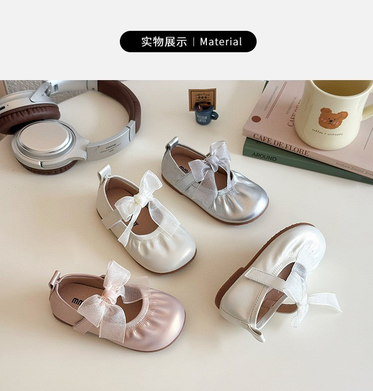Baby Girl Princess Shoes Shine Surface Korean Style Lace Bow Casual Flats Non-Slip Toddler Kid Wedding Party Adorable Baby Shoes