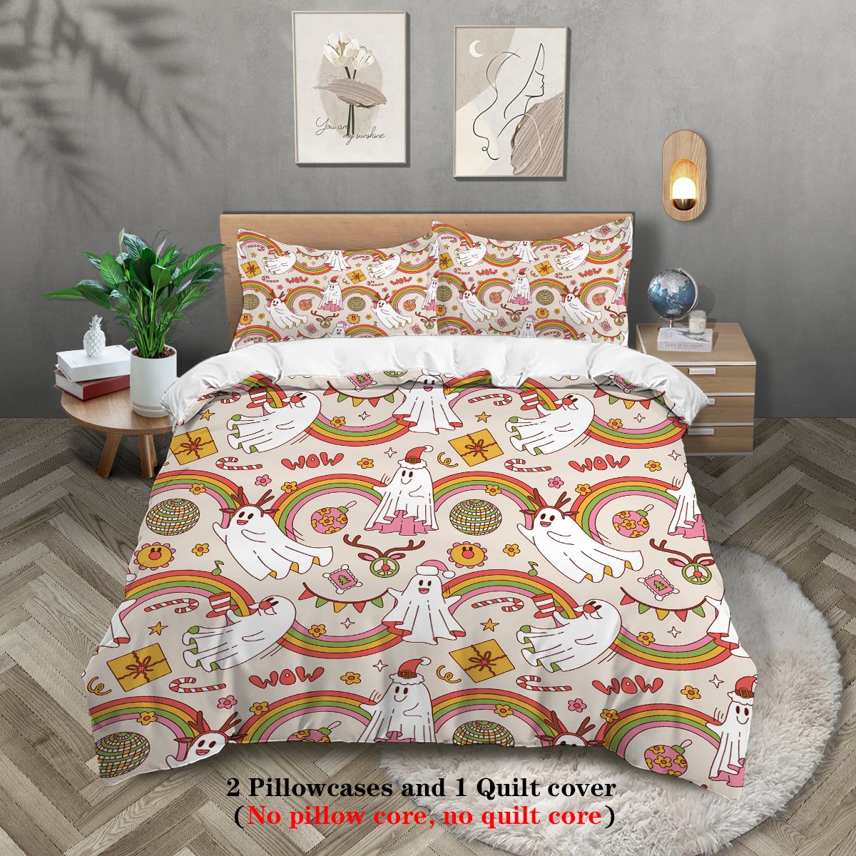 3-piece down duvet cover with Halloween theme cute ghost pattern print (1 duvet cover+2 pillowcases, no core) bedding set